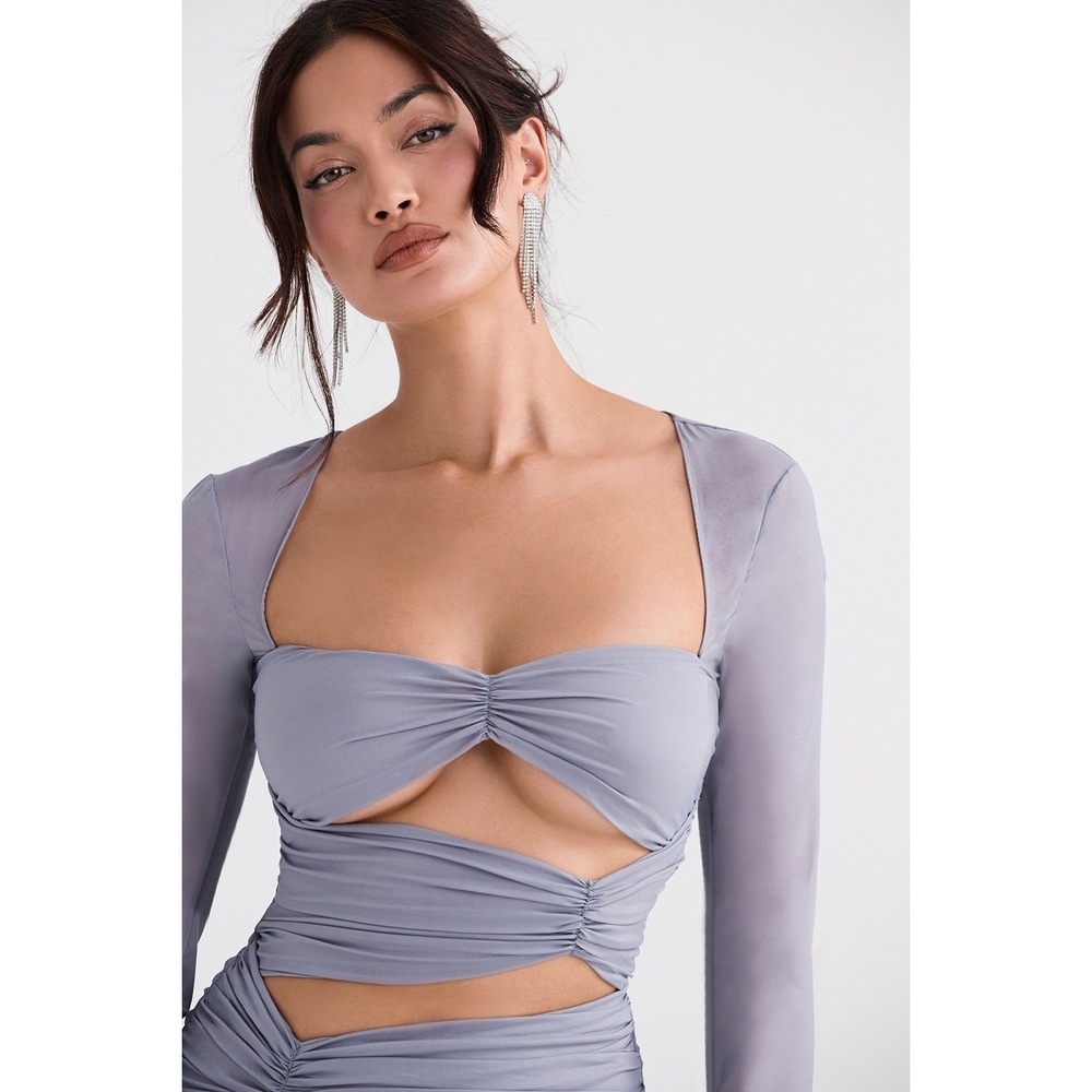 House of CB Camille Dove Grey Silk Ruched Cutout Mini Dress XS - Picture 3 of 12